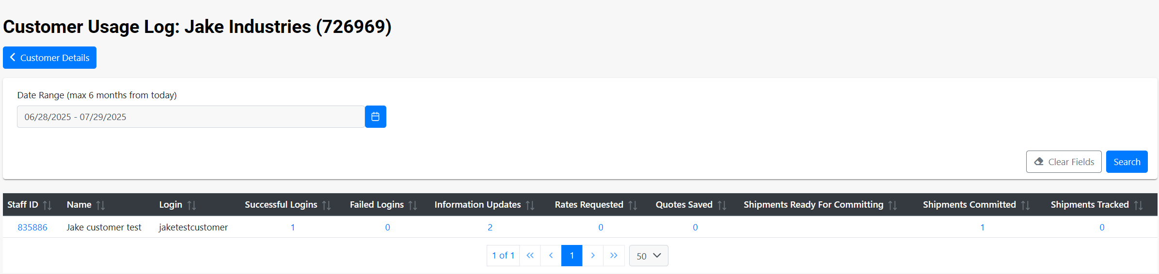 Customer Usage Log example