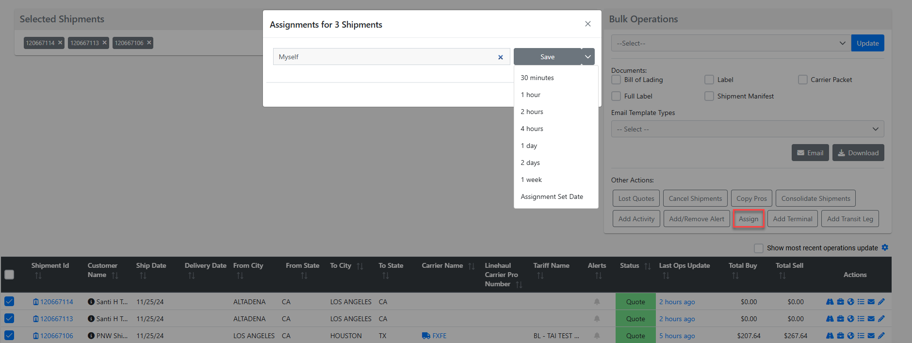 Shipment Search - Bulk Operations Tools