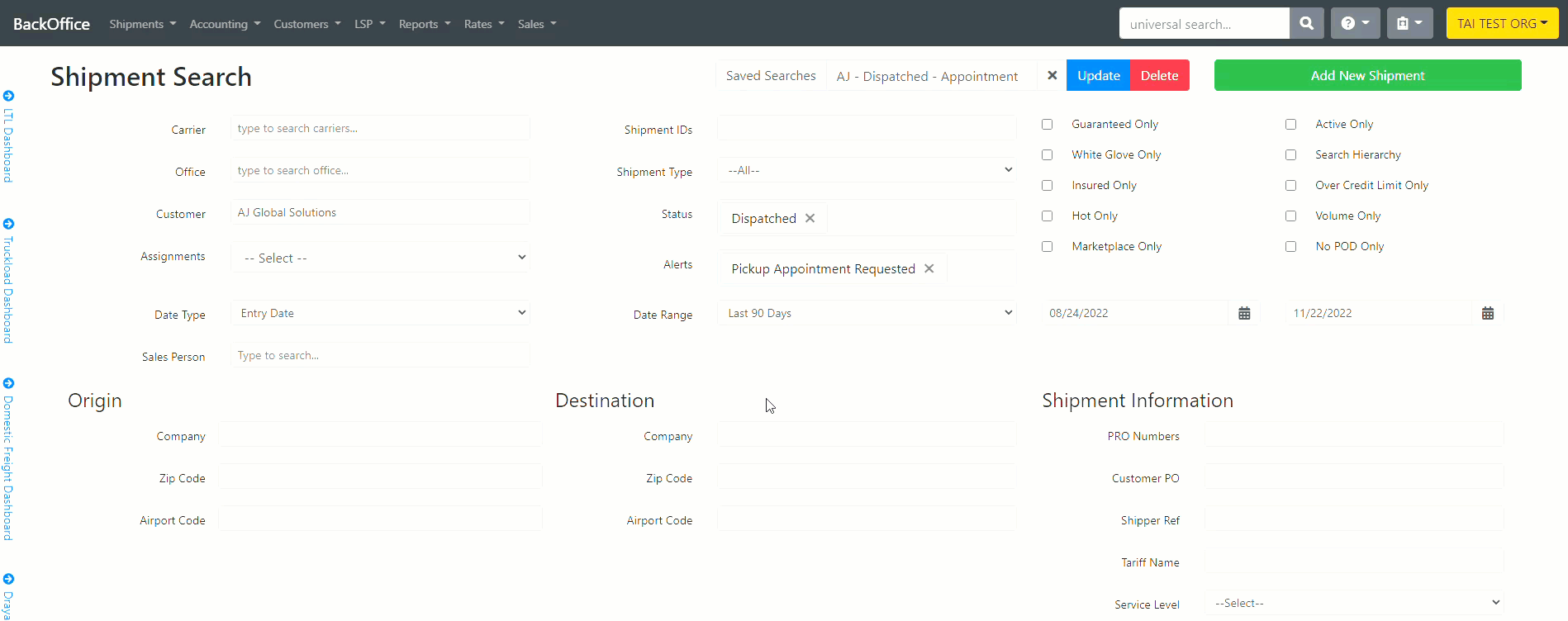 Shipment Search Custom Filters